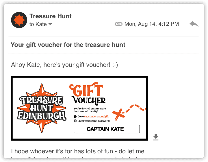 A screenshot of an email containing a digital gift voucher for Treasure Hunt Edinburgh.