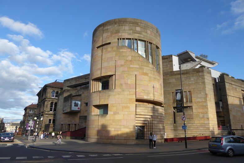 The round, stone tower on the corner of the National Museum of Scotland.